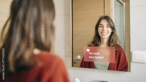 Young woman smiling at reflection with positive message on mirror for self-love and confidence