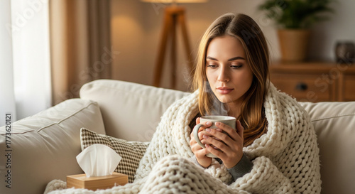 Young woman wrapped in a cozy blanket on a sofa, enjoying a hot drink at home