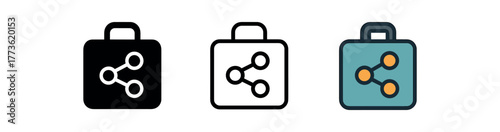 shared travel suitcase icon on white background Black silhouette flat icon outline icon and colored icon style. 1x3 grid. three minimal vector icon style. centered composition clear white