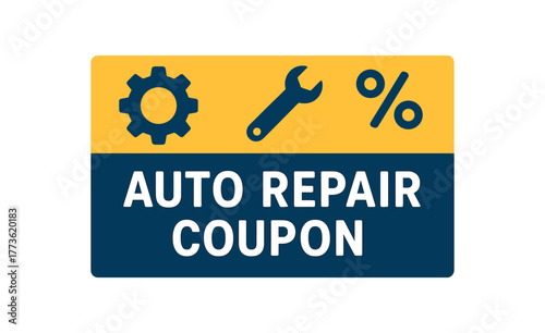 Flat vector banner design text AUTO REPAIR COUPON supporting icons of gear wrench and percentage symbol navy and palette isolated on white marketing approved bright palette with balanced