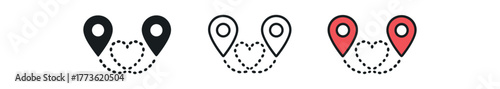 long distance map pin hearts icon on white background Black silhouette flat icon outline icon and colored icon style. 1x3 grid. three minimal vector icon style. centered composition clear