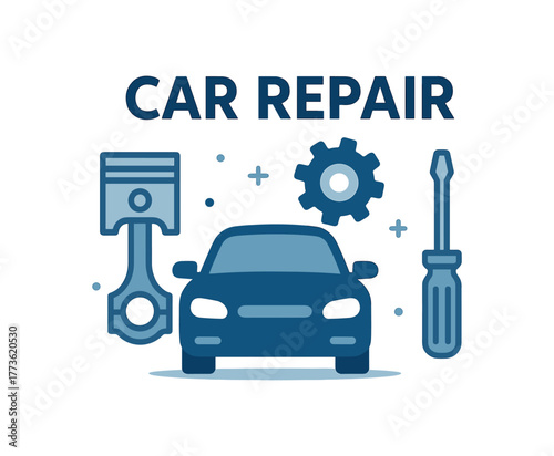 Flat vector banner design text REPAIR supporting icons of piston gear and screwdriver blue and gray palette isolated on white marketing approved bright palette with balanced saturation