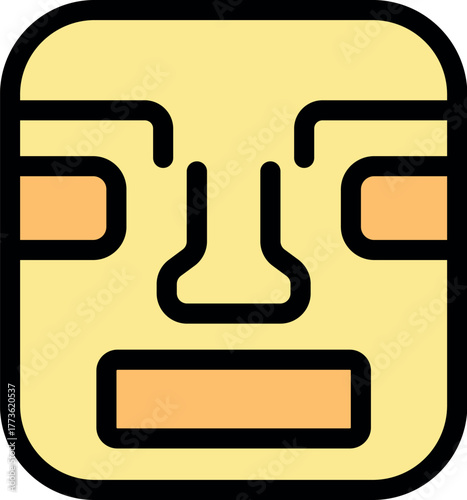Tribal mask depicting a face with simple geometric shapes in warm yellow and orange tones
