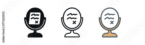 handwritten note on mirror icon on white background Black silhouette flat icon outline icon and colored icon style. 1x3 grid. three minimal vector icon style. centered composition clear