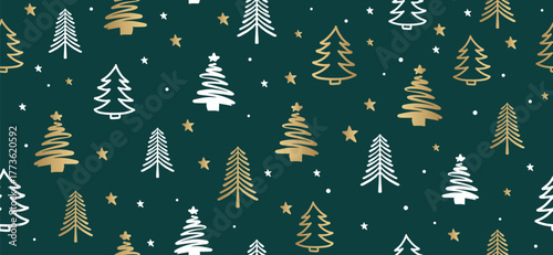 Christmas tree pattern on red background, Hand drawn illustrations.	
