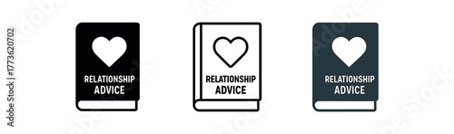 relationship advice book icon on white background Black silhouette flat icon outline icon and colored icon style. 1x3 grid. three minimal vector icon style. centered composition clear white