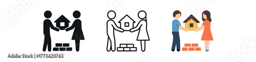 building future home together icon on white background Black silhouette flat icon outline icon and colored icon style. 1x3 grid. three minimal vector icon style. centered composition clear
