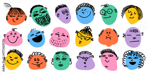 Face doodle emoji set with cartoon expressions in bright colors. Doodle happy faces with smiles in crayon pencil style. Great for stickers, posters, fun design