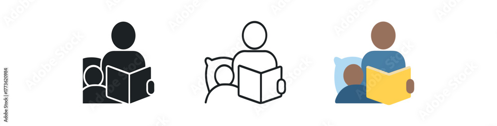 Fototapeta premium reading bedtime story icon on white background Black silhouette flat icon outline icon and colored icon style. 1x3 grid. three minimal vector icon style. centered composition clear white