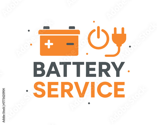 Flat vector banner design text BATTERY SERVICE supporting icons of battery power symbol and plug orange and gray palette isolated on white marketing approved bright palette with balanced