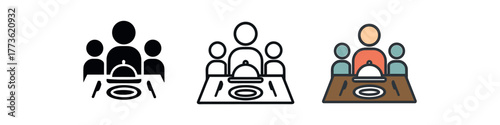 family dinner table icon on white background Black silhouette flat icon outline icon and colored icon style. 1x3 grid. three minimal vector icon style. centered composition clear white