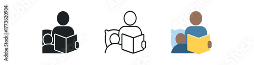 reading bedtime story icon on white background Black silhouette flat icon outline icon and colored icon style. 1x3 grid. three minimal vector icon style. centered composition clear white