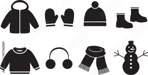 Collection of Winter Clothing and Snowman Icons for Seasonal Design Projects and Cold Weather Apparel Graphics