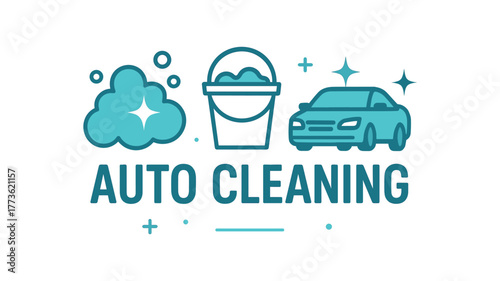 Flat vector banner design text AUTO CLEANING supporting icons of foam bucket and cyan and silver palette isolated on white marketing approved bright palette with balanced saturation clean