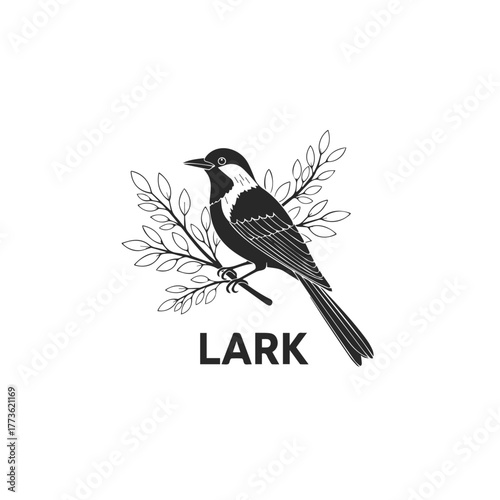 Silhouette Lark Bird Perched on Branch with Leaves.