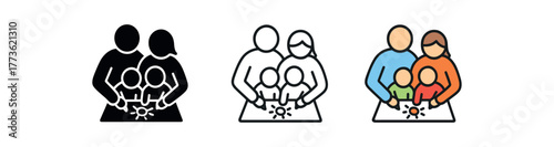 children drawing with parents icon on white background Black silhouette flat icon outline icon and colored icon style. 1x3 grid. three minimal vector icon style. centered composition clear