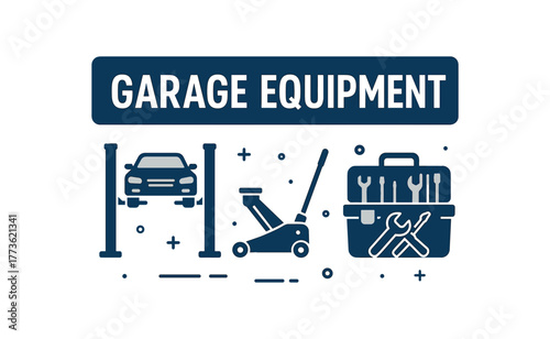 Flat vector banner design text GARAGE EQUIPMENT supporting icons of lift jack and tool set navy and silver palette isolated on white marketing approved bright palette with balanced