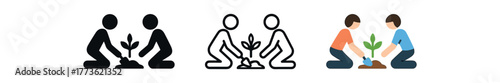 planting garden together icon on white background Black silhouette flat icon outline icon and colored icon style. 1x3 grid. three minimal vector icon style. centered composition clear white