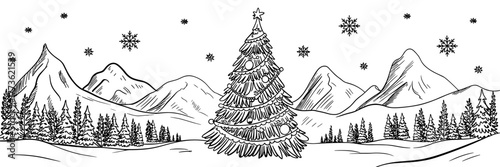 a decorated Christmas tree with ornaments and star, surrounded by snow, pine trees, and mountain peaks.