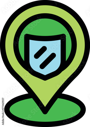 Location pin icon with shield symbol representing a secure area, safe zone, or protected location