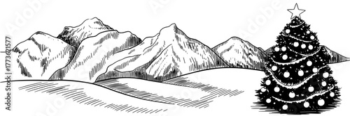 a decorated Christmas tree with ornaments and star set against snowy hills and mountain backdrop.