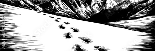 footprints in deep snow stretching toward distant mountain peaks in a cold winter landscape.