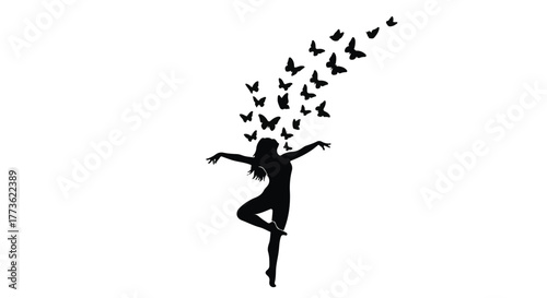 Graceful silhouette of a woman dancing with butterflies taking flight