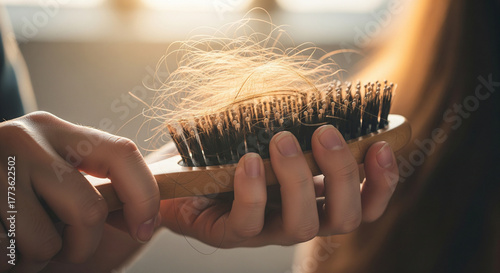 Close-up of a person holding a hairbrush full of lost hair, suggesting hair loss problem