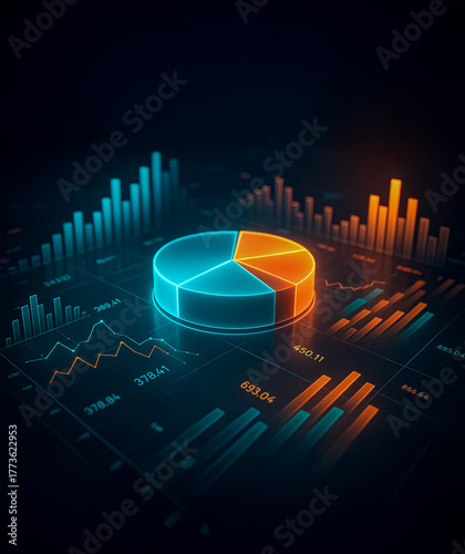 3D rendered futuristic data dashboard featuring glowing orange and blue charts, pie diagrams, and graphs visualizing analytics and digital finance innovation.
