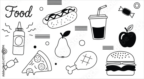 Whimsical doodle collection of popular foods and drinks