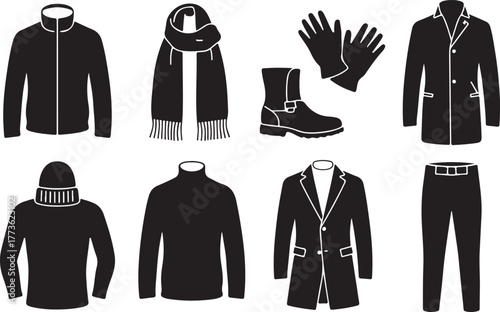 Collection of Winter Apparel Icons Featuring Outerwear Accessories and Footwear for Cold Weather Clothing