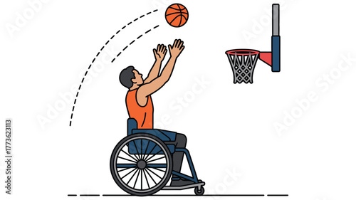 A man in a wheelchair is playing basketball and shooting the ball towards the hoop on a white background