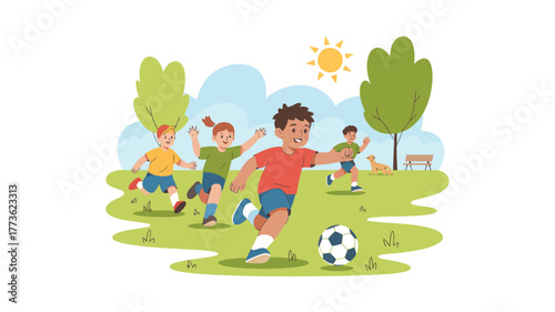 A group of children playing soccer in a park with trees and a bench under a bright sunny sky