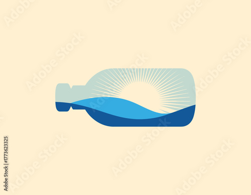 This artistic representation of a water bottle features sun rays and waves, symbolizing hydration, freshness, and the importance of nature in our everyday lives.