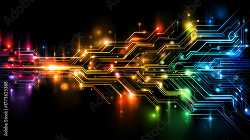 Conception d'un arrière-plan technologique futuriste et coloré, avec des pistes de schéma et de circuit imprimé