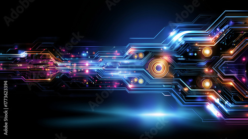 Conception d'un arrière-plan technologique futuriste et coloré, avec des pistes de schéma et de circuit imprimé