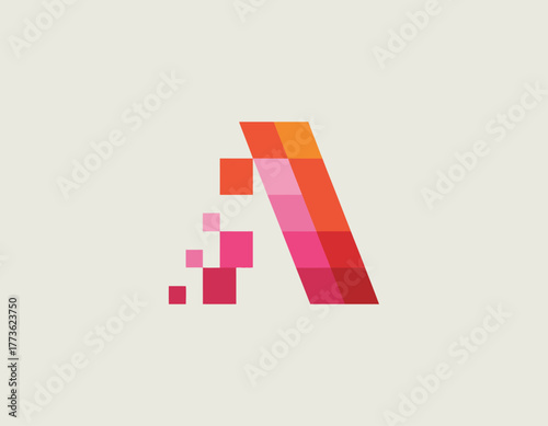 An abstract representation of the letter A, composed of vibrant pixel colors gradually transforming into squares, creating a dynamic and visually striking effect.