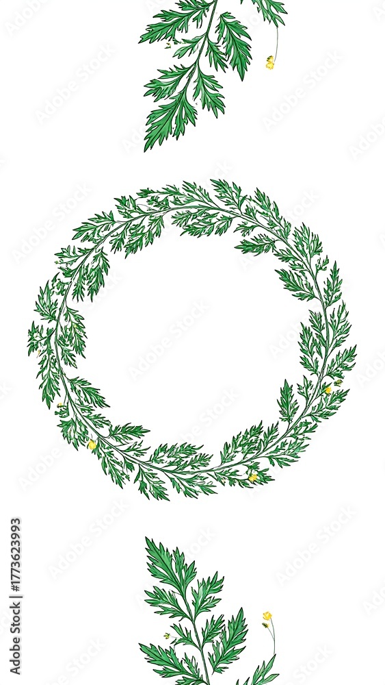 Obraz premium Digital illustration of green leafy botanical wreath with isolated sprigs