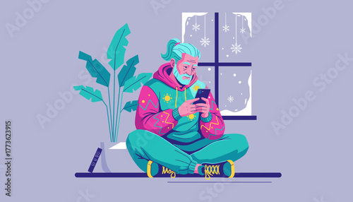 Stylish grandpa using phone by window chilling at home during winter