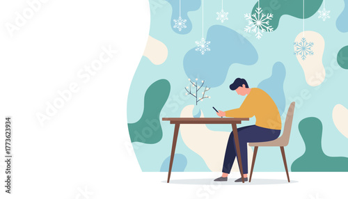 Man using a smartphone while sitting at a table indoors during winter with abstract background and copy space