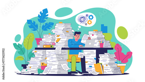 Overwhelmed businessman buried in paper piles struggling with stress deadlines and heavy workload