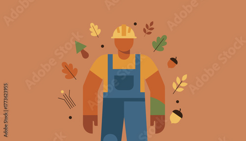 Illustration of a worker in overalls and a hard hat surrounded by autumn leaves and seasonal elements