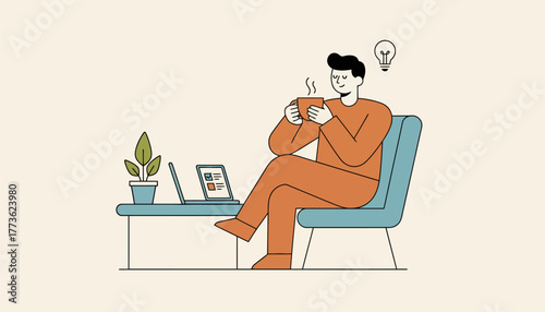 A break scene with a freelancer enjoying a cup of coffee while taking a moment to recharge during a busy workday.