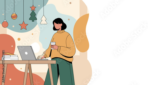 Woman working remotely on a laptop during the Christmas season Holiday freelance and cozy workflow illustration