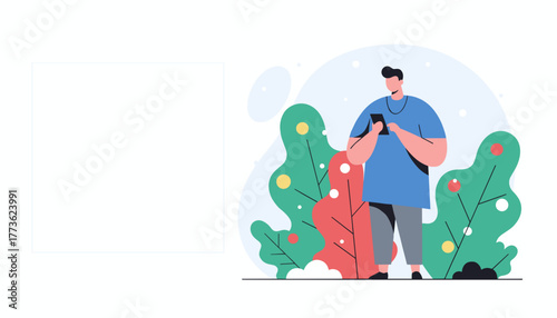 Man checking smartphone surrounded by stylized plants Digital lifestyle concept illustration