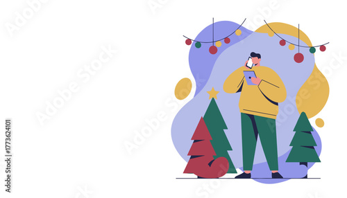 Busy man uses smartphone and tablet near festive Christmas decorations