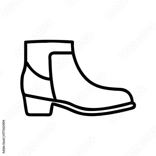 Black line outline icon of an ankle bootie shoe with low heel vector graphic design element template.