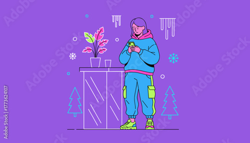Trendy character texting on smartphone near a plant in a neon winter scene Technology concept