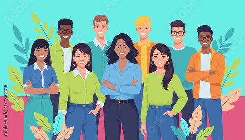 Confident diverse professional team smiling Teamwork collaboration and inclusion illustration