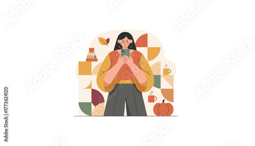 Frustrated woman uses smartphone in a cozy autumnal setting Stress social media or technology overload concept